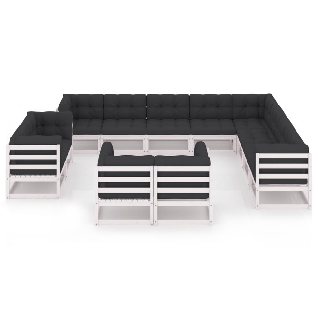 12-tlg. Garten-Lounge-Set mit Kissen Weiss Kiefer Massivholz